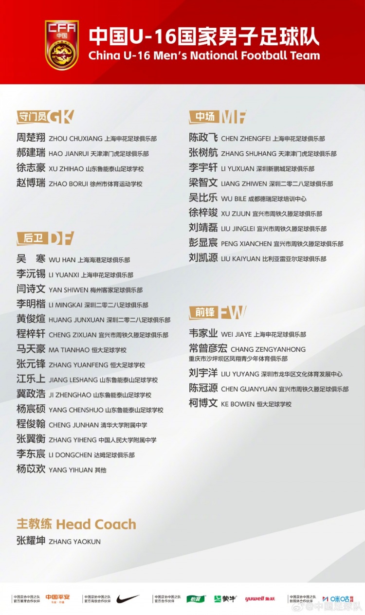 U16国足U17海湾杯赛程:明日22:45对阵卡塔尔,其余三场均1点开球