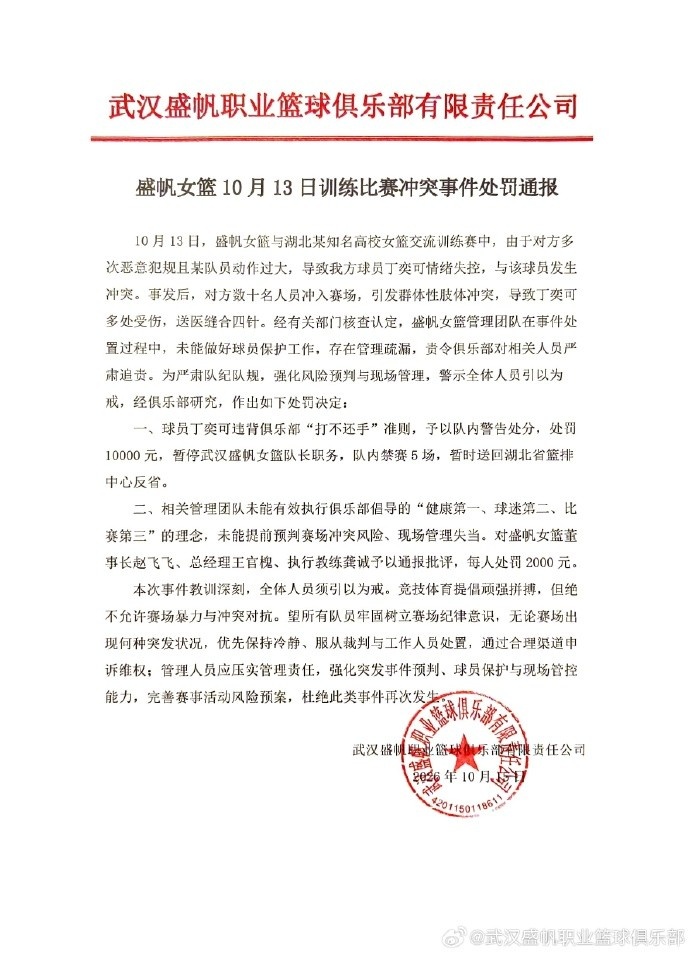 武汉女篮官方:丁奕可违背俱乐部打不还手准则 处罚1万元&禁赛5场