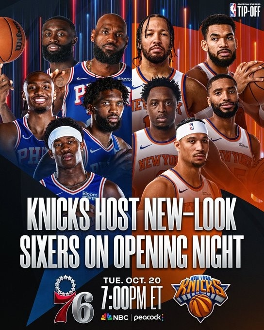 开始预热!NBA官推发布揭幕战海报:76人五星VS尼克斯冠军首发 开始预热!NBA官推发布揭幕战海报:76人五星VS尼克斯冠军首发