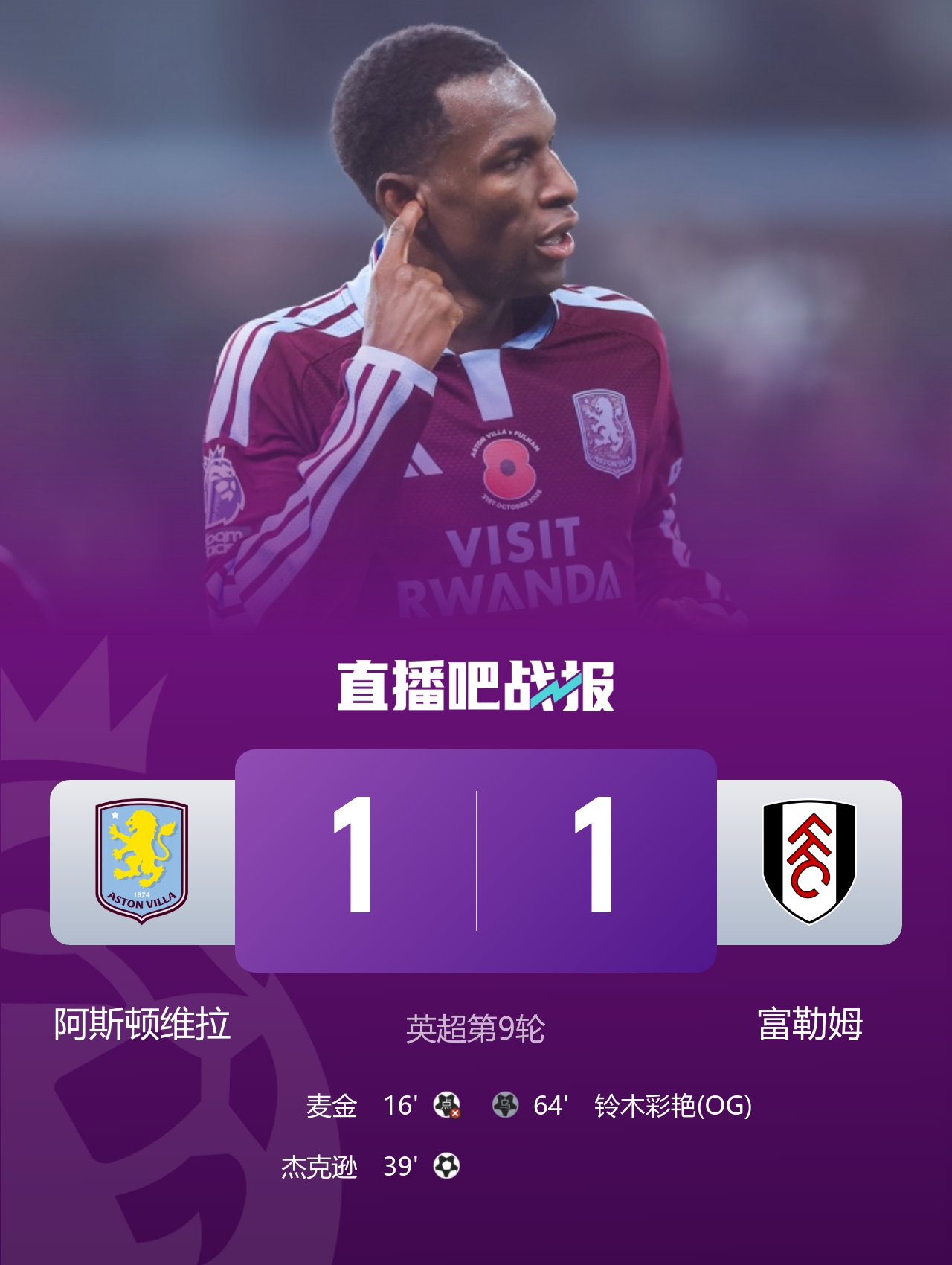 5轮不败!维拉1-1富勒姆 杰克逊破门铃木彩艳黄油手乌龙麦金失点 5轮不败!维拉1-1富勒姆 杰克逊破门铃木彩艳黄油手乌龙麦金失点